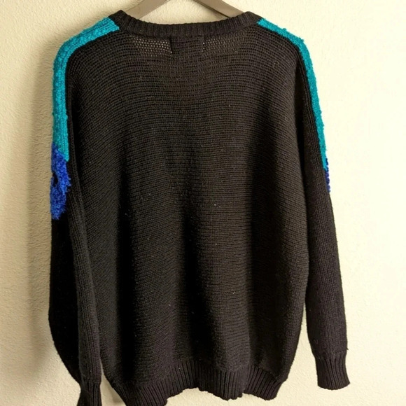 Vintage Acrylic Knit Sweater- Distinctly Different- Embellished Unique Teal Pink - Picture 4 of 12